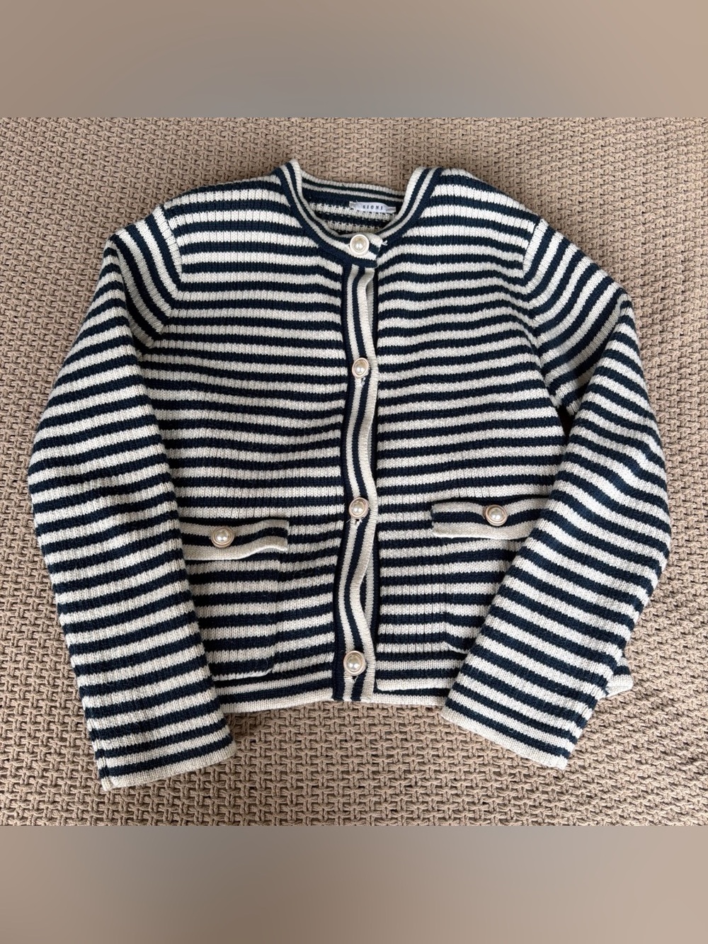 Sioni Navy & White Striped Knit Cardigan